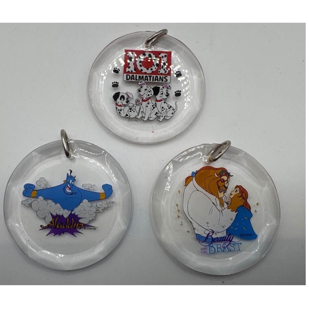 Vintage Disney Acrylic Keychain Ornament Set Aladdin Beauty Beast 101 Dalmatians
